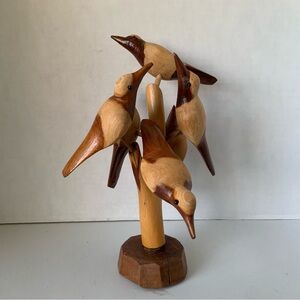 Handcrafted Vintage Hand Carved Whittled 6 Birds & Tree Sculpture 11-12 inches